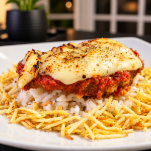 Parmegiana de frango com arroz e batata palha